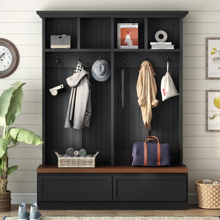 Black 4-in-1 Hall Tree with Wood Grain Bench, 2 Large Drawers and 6 Black Hooks38