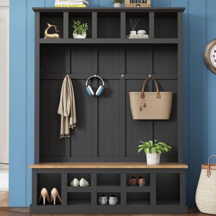 78.8 in. H Black Freestanding Hall Tree with Storage Seating Bench and 6 Hooks