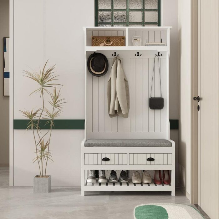 68.5 in. White Wood 3-in-1 Hall Tree With Storage Bench, 4-Metal Double Coats and Umbrellas Hooks and 2-Drawers, Shelves